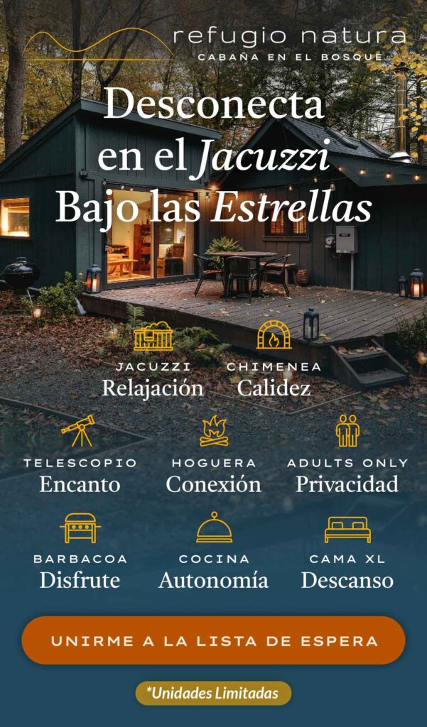 El exterior de un glamping de cabañas en el bosque con jacuzzi idónea como regalo para parejas